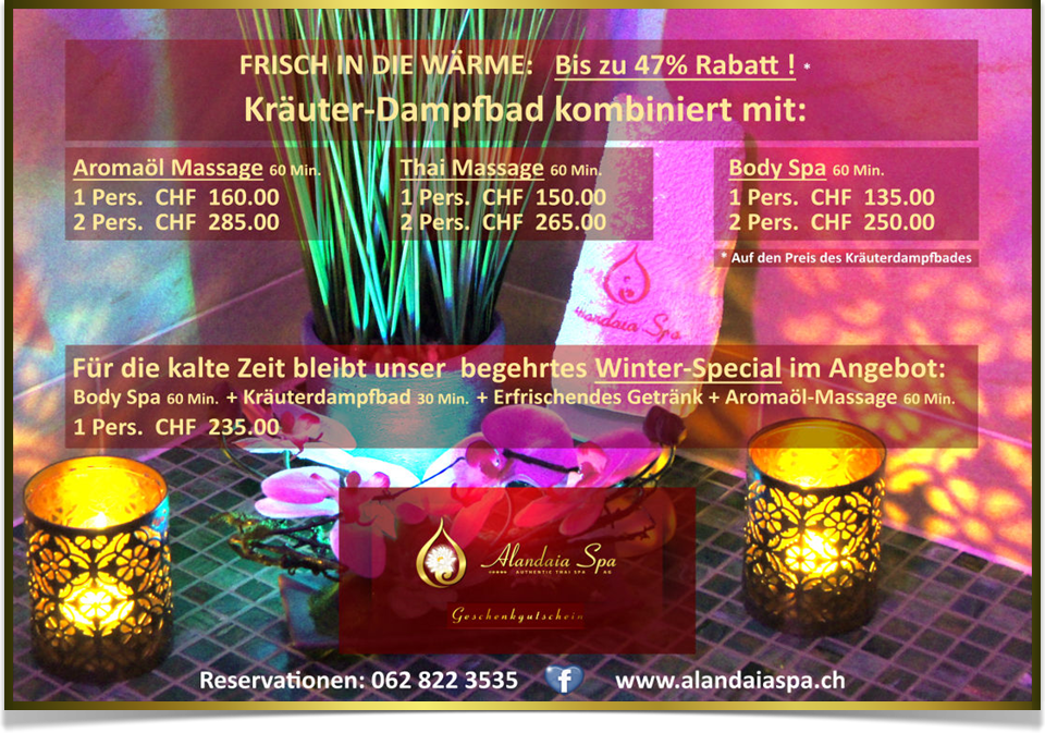 Alandaia Spa - Aarau, Gutschein, Geschenk, Muttertagsangebot, Specials, Wohlfühlüpacket